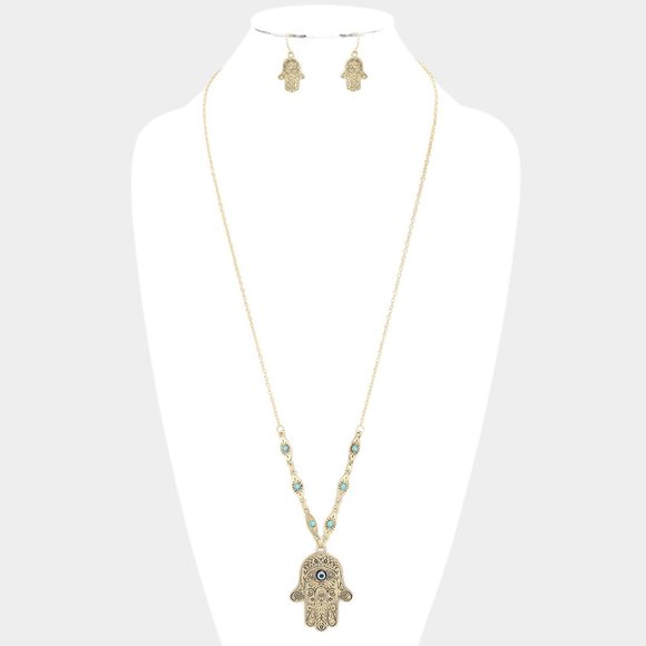 Hand  of Fatima Neckalce Gold Tone Antique finnish with Fatima Hamsa Earrings - Picture 1 of 2
